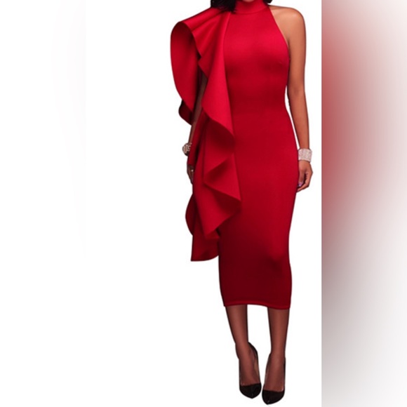 Red Midi Dress With Draping Ruffle Medium - Picture 1 of 4